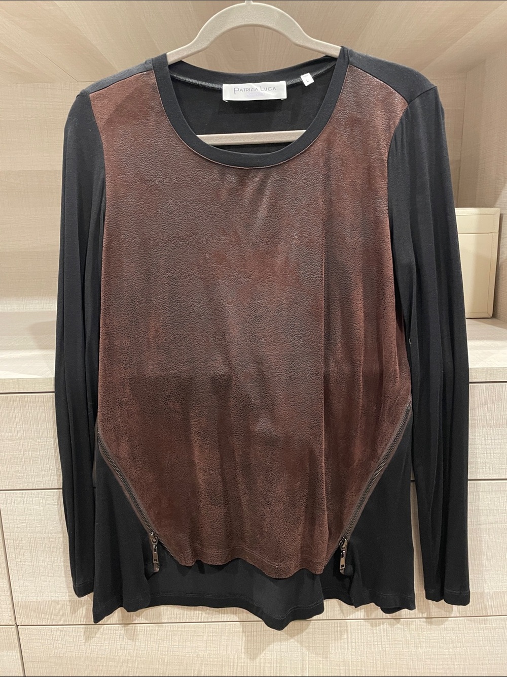 Patrizia Luca Black Long-Sleeve Top with Brown Suede Front